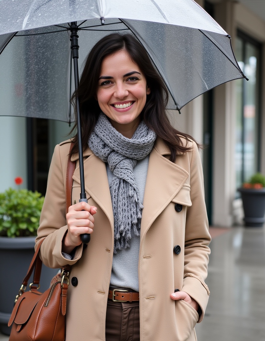 Woman in beige trench coat,  gray patterned scarf,  and brown pants on Tensor.Art
