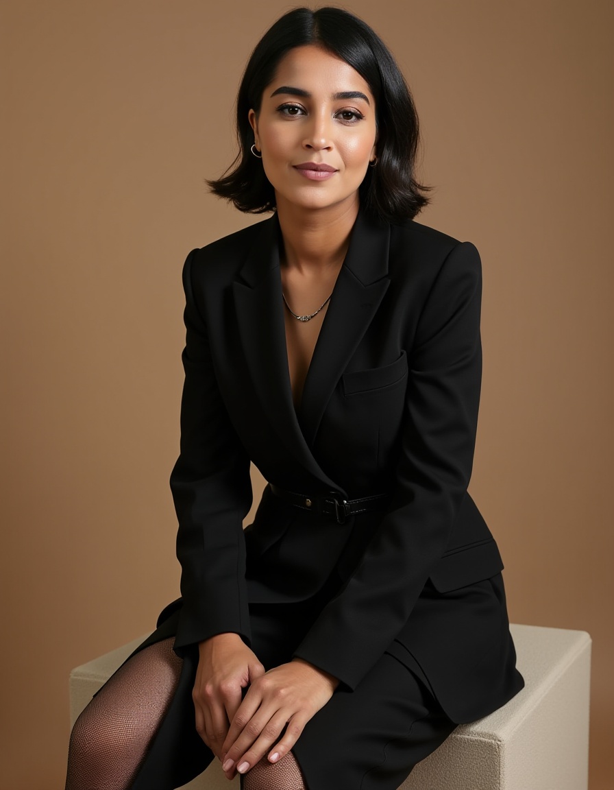 Studio portrait of a woman,  mid-30s,  with a short on Tensor.Art