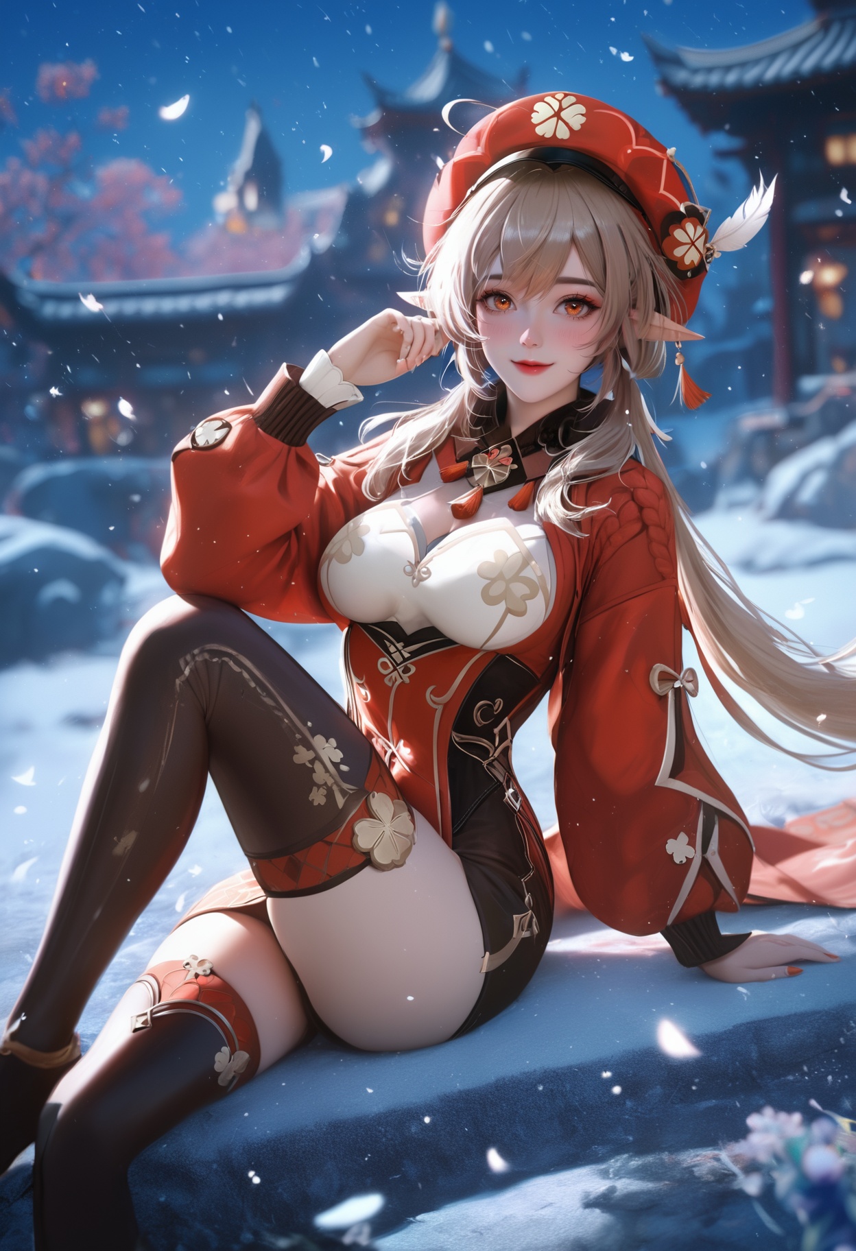 XUER gufeng,<lora:绪儿古风XUER gufeng:0.6>,<lora:GoodHands-beta2XL:1>,score_9,score_8_up,score_7_up,score_6_up,highres,night,aesthetic,blush,(large breasts,big ass,large thigh,thigh gap,large hips,thin waist),k-pop idol,miss korea,korean beauty,BREAKmasterpiece,raw,realistic,high-resolution,(detailed),(photograpy),(photorealistic),(full_body:1.2),seductive smile,large breasts,depth of field,wide_shot,Resting on one elbow while lying down,BREAK1girl,klee (genshin impact),solo,hat,clover print,pointy ears,twintails,long hair,ahoge,low twintails,bangs,cabbie hat,hair between eyes,sidelocks,hat ornament,red coat,coat,long sleeves,brown scarf,hat feather,smile,scarf,light brown hair,red headwear,simple background,orange eyes,