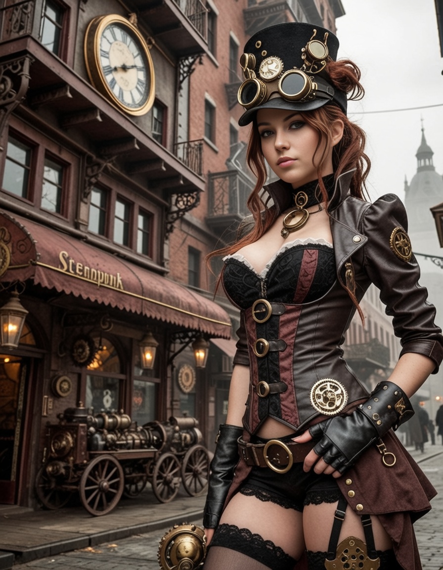 1girl posing in a steampunnk city,  OhSoSteampunk on Tensor.Art