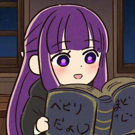 <lora:mofafulilian_ill-xl-000090:1>,1girl, solo, fern_\(sousou_no_frieren\), purple_hair, book, purple_eyes, holding, long_hair, open_mouth, holding_book, smile, reading, indoors, window, night, :d, open_book, blunt_bangs, blush, black_robe, robe, black_coat, upper_body, hood, night_sky, coat