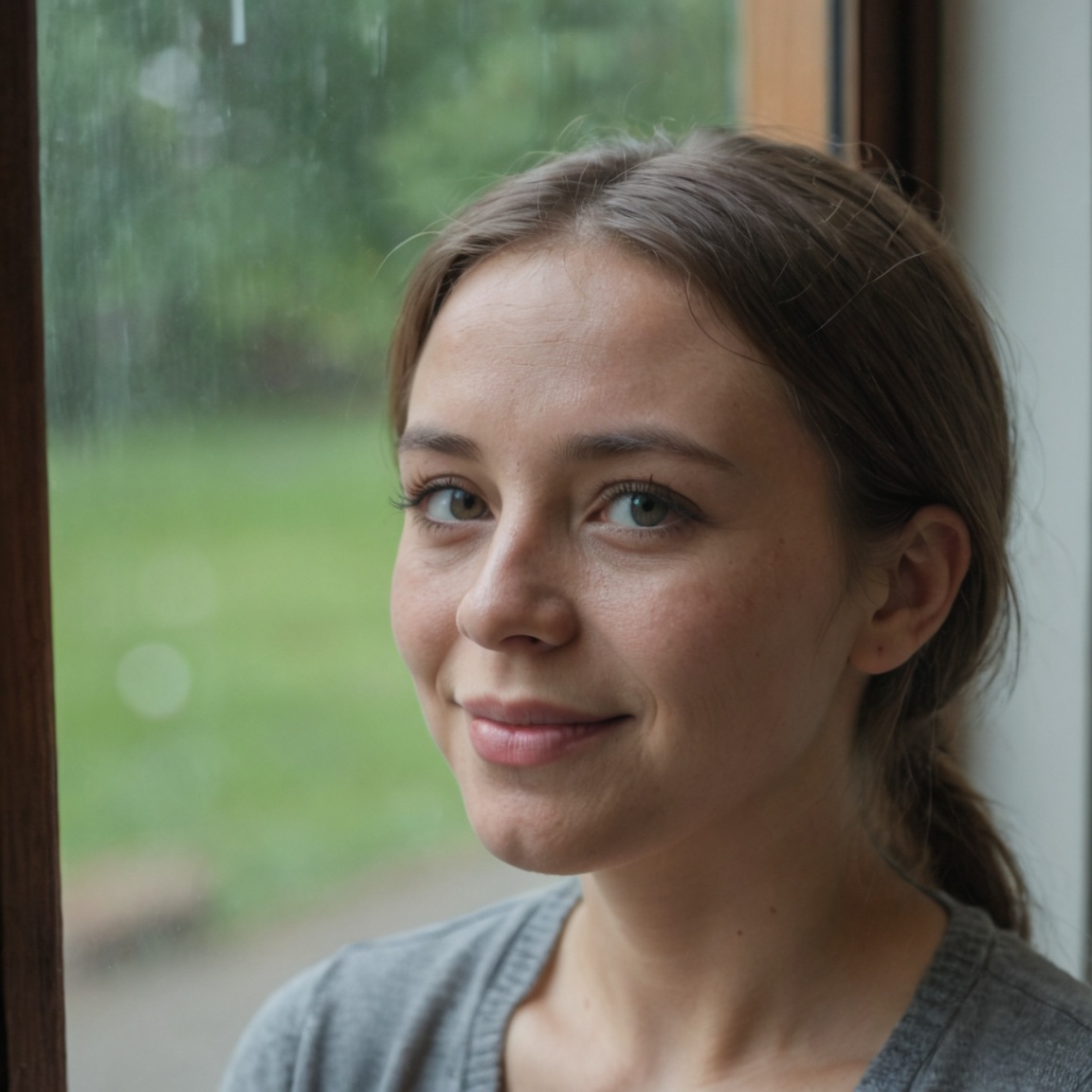 Cinematic still. close portrait,  A woman is sitting at the window in a café. 30 years old. Looking out the window. Seriou...