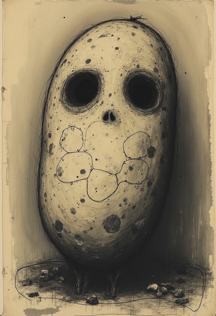 blankmj scribble doodle over a old abandoned potatoe photo,  soft tone,  x ray on Tensor.Art