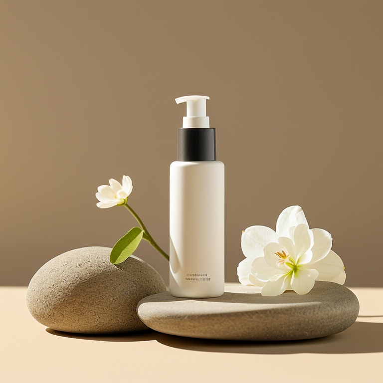 Makeup bottle, stone, flower, sunlight, minimalist background,