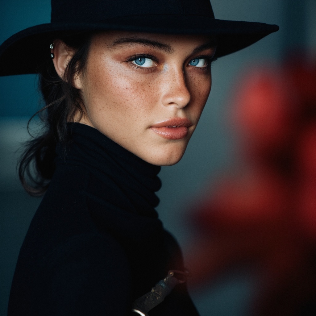 A close-up portrait of sydney_melman captured in a side profile. She wears a black hat and a black turtleneck sweater. The woman's gaze is intense and focused, with striking blue eyes. The background is blurred, highlighting the subject. The color palette consists of cool blues and warm reds, creating a moody and atmospheric atmosphere. Soft lighting casts a gentle glow on her face, highlighting her features and the texture of her clothing. The image conveys a contemplative and introspective mood.