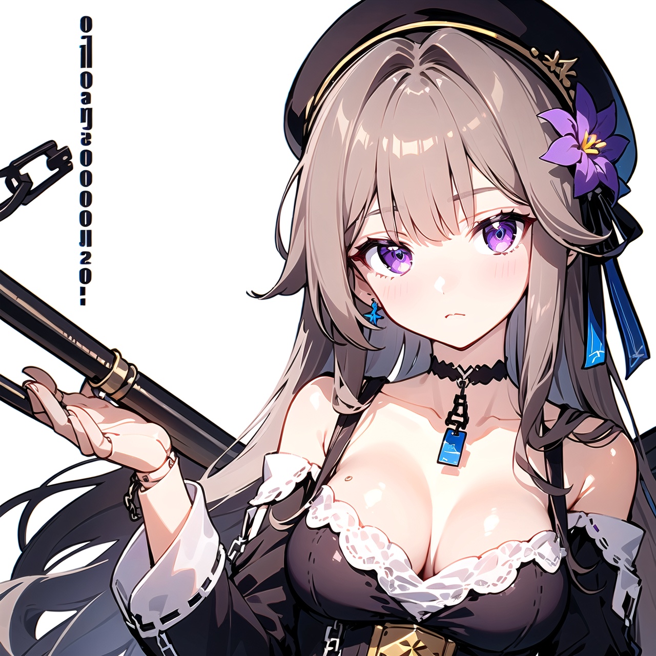 joints,doll joints,1girl,solo,beret,long hair,grey hair,hair ornament,hair flower,purple eyes,choker,bare shoulders,shoulder cutout,dress,long sleeves,ribbon,chain,church,tower,masterpiece, best quality,((ultra detailed)),beautiful illustration,beautiful detailed eyes, (wallpaper),close-up,Blank background,