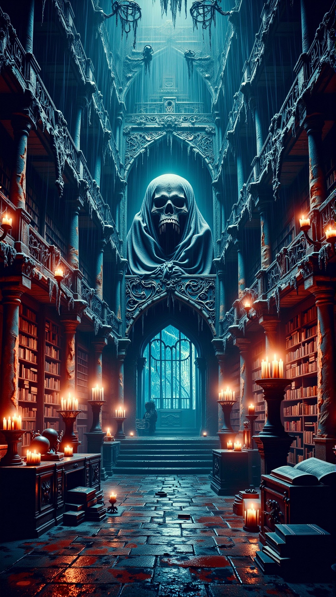 a photorealistic dark horror cursed atmospheric Neon cityscape,  ancient library,  midnight on Tensor.Art