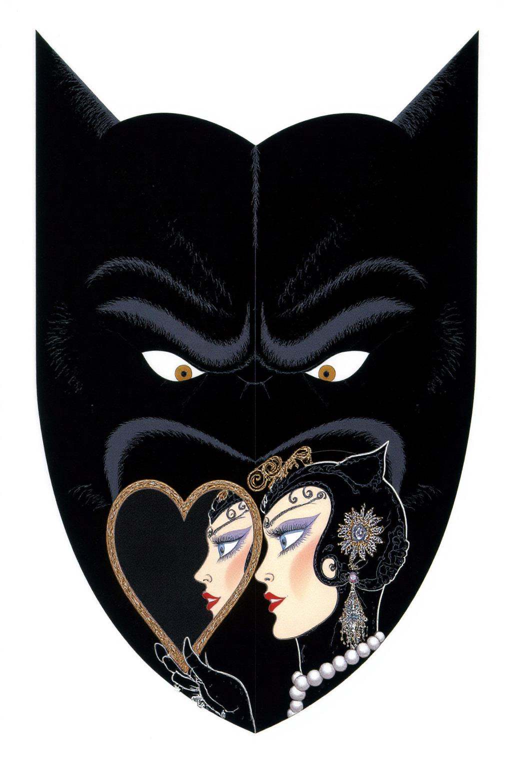 erte1 illustration. Catwoman,  shown in side profile,  holding a heart-shaped mirror. She is adorned with intricate jewelr...