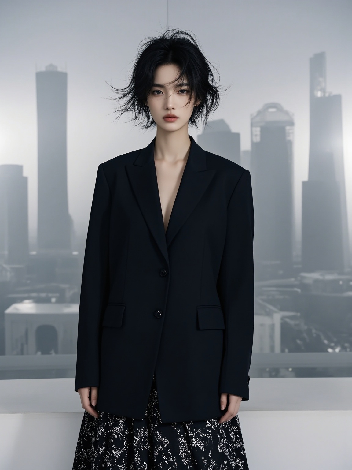 1girl,  The photograph features a young Asian woman with a striking,  modern look. She stands in a minimalist on Tensor.Art