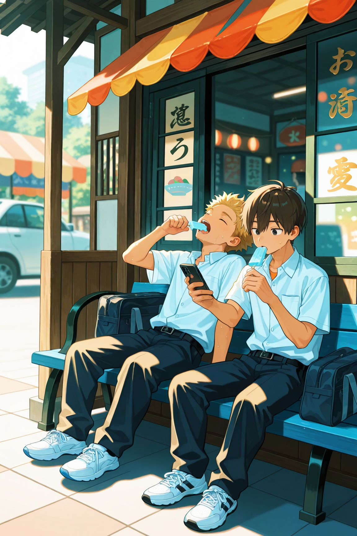 2boys,  multiple boys,  bench on Tensor.Art