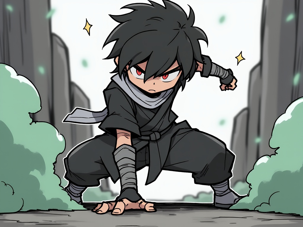 (masterpiece:1.2),(extremely detailed:1.2),(best quality:1.2),(high quality:1.2),(official art:1.2),jbh,Anime-style drawing,A dynamic, action-packed anime-style drawing of a young man with spiky, messy black hair and intense red eyes, wearing a dark, ragged outfit with a white scarf. He is in a crouched fighting stance, with his left hand on the ground and his right arm extended forward, as if he is about to strike or defend. His expression is fierce and determined. The background is a rocky, desolate landscape with a greenish mist or smoke rising from the ground, adding to the dramatic atmosphere. The lighting is bright and intense, casting strong shadows and highlighting the character's features. The camera angle is low and close to the ground, making the character appear powerful and imposing. The style is reminiscent of shonen manga, with bold lines and vibrant colors. The overall mood is intense and action-oriented.<lora:古风简笔画-autodl-11.26-000009:1>,