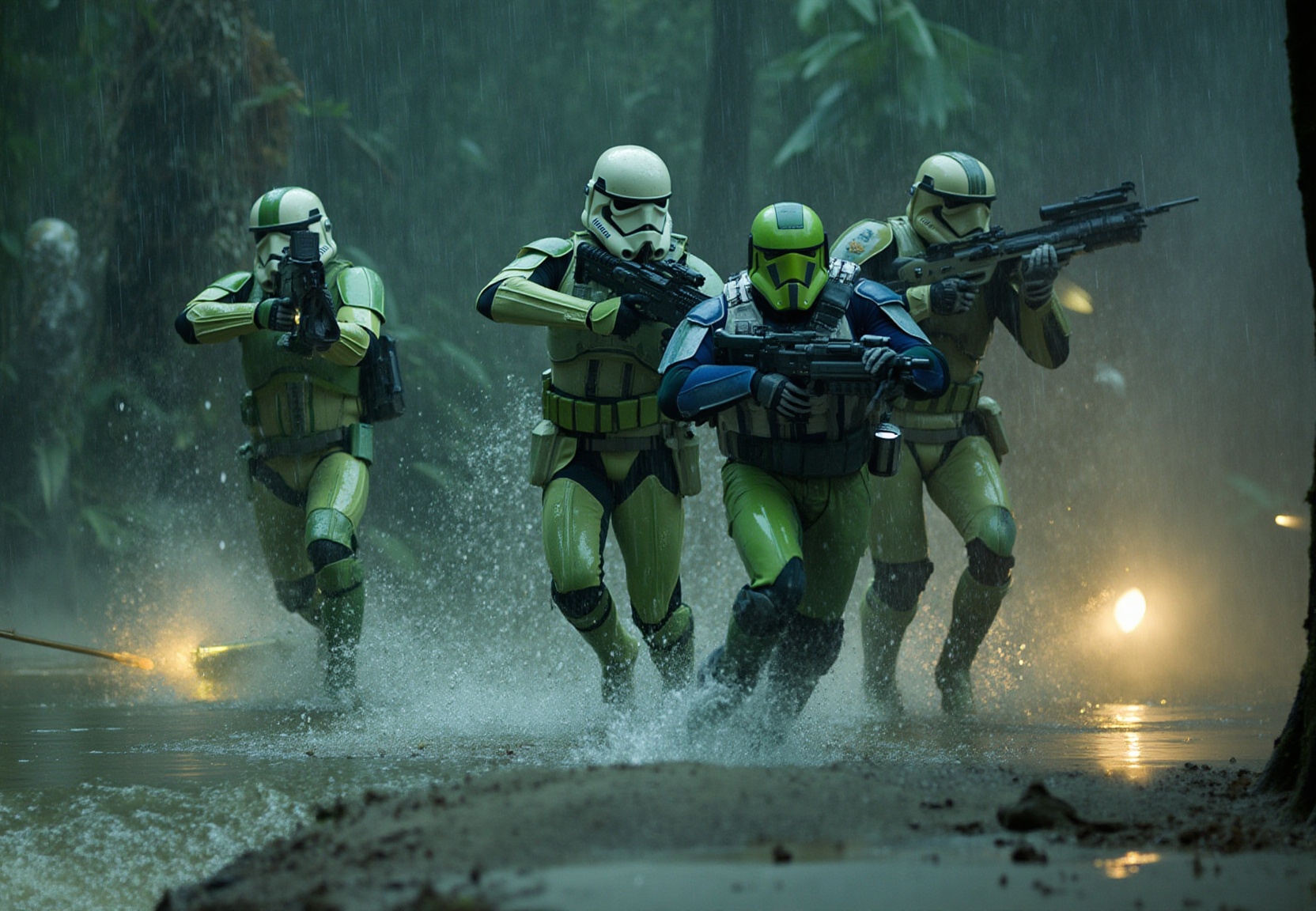 StormTrooperFlux,  The image depicts a group of stormtroopers in green hazel dust mood paint uniforms engaged in combat. T...