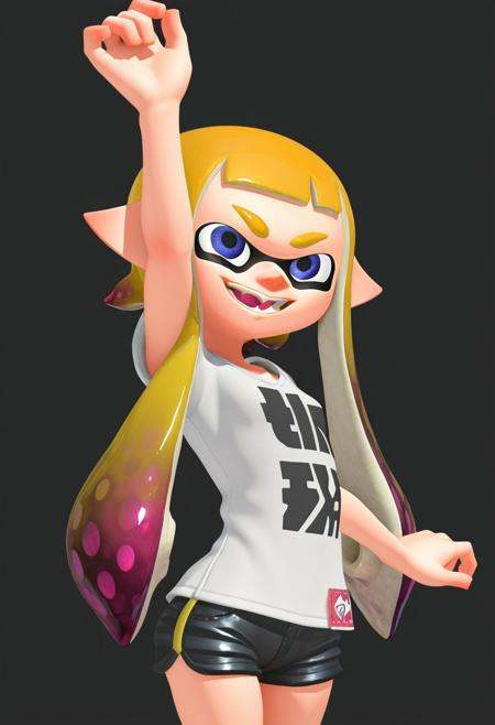 masterpiece, 3d, SPRenderStyle, splatoon, masterpiece, inkling, shirt, shorts, happy, posing, cowboy shot, simple background