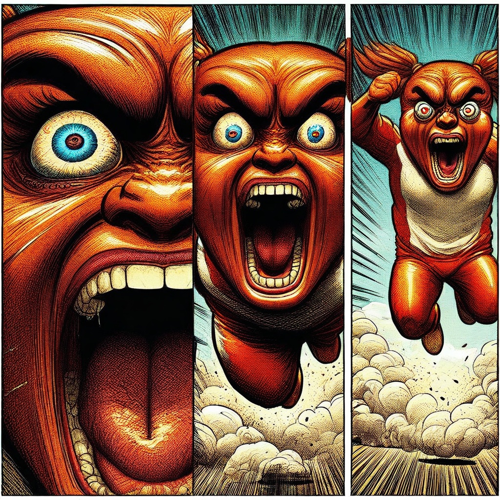 bokkemon,  3 evenly width panels,  intense expressions of bloodshot eyes on Tensor.Art