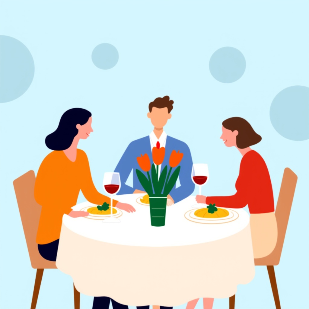 SSi,  A minimalist,  flat style illustration of a dinner party scene on Tensor.Art