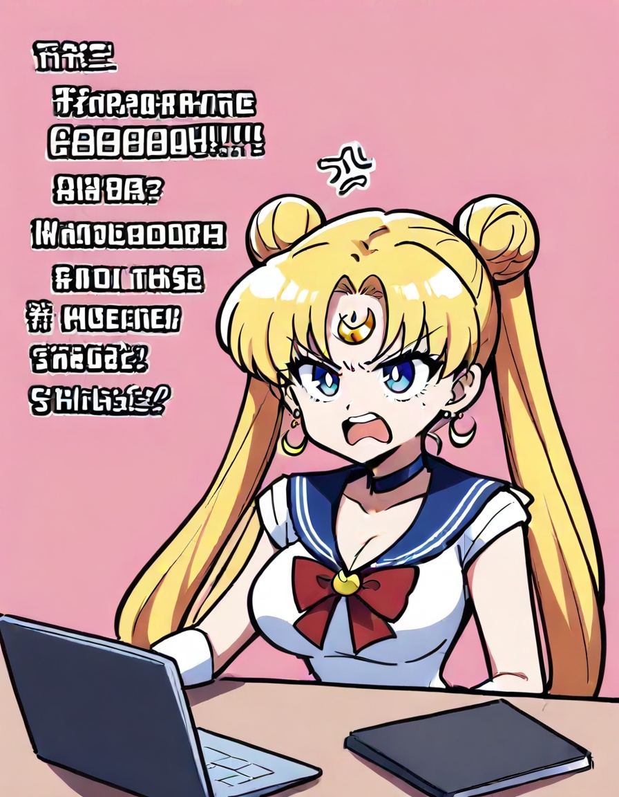 1girl, tsukino usagi, bishoujo senshi sailor moon,zmgwshnmspfd, long hair, blonde hair, blue eyes, twintails, hair bun, double bun, earrings, hair ornament, bangs, bow, very long hair, breasts, crescent earrings, magical girl, red bow, laptop, angry, meme, teeth, jewelry, cleavage, crescent, upper body, glowing, sailor senshi uniform, simple background, english text, pink background, nude, large breasts, heart, open mouth, solo, computer<lora:nsnsns:1>​​​