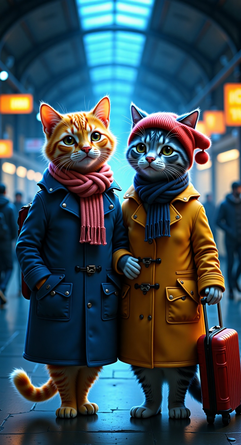 blue light,  A vivid portrayal of two cats in a bustling train station. The cats are dressed in winter clothing: one wears...