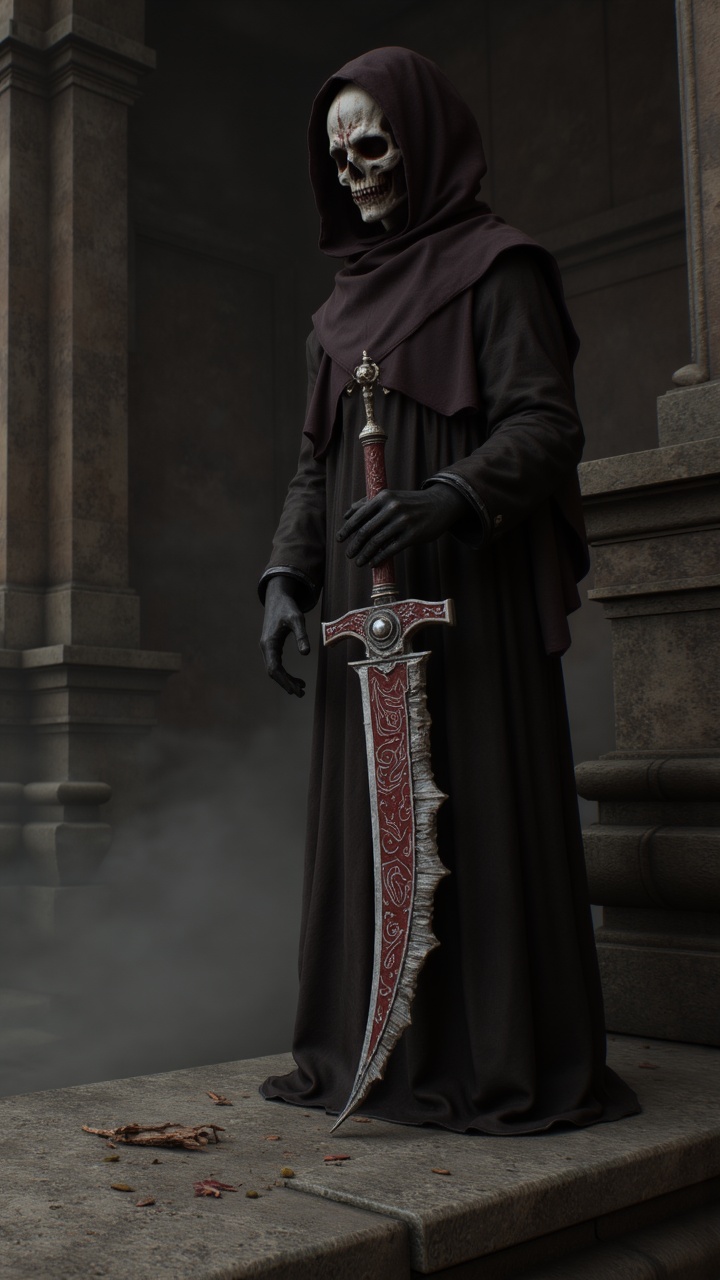 A mystical figure goth clothinged in a red and white mask stands on the edge of a grandiose stone altar. The knife is made...