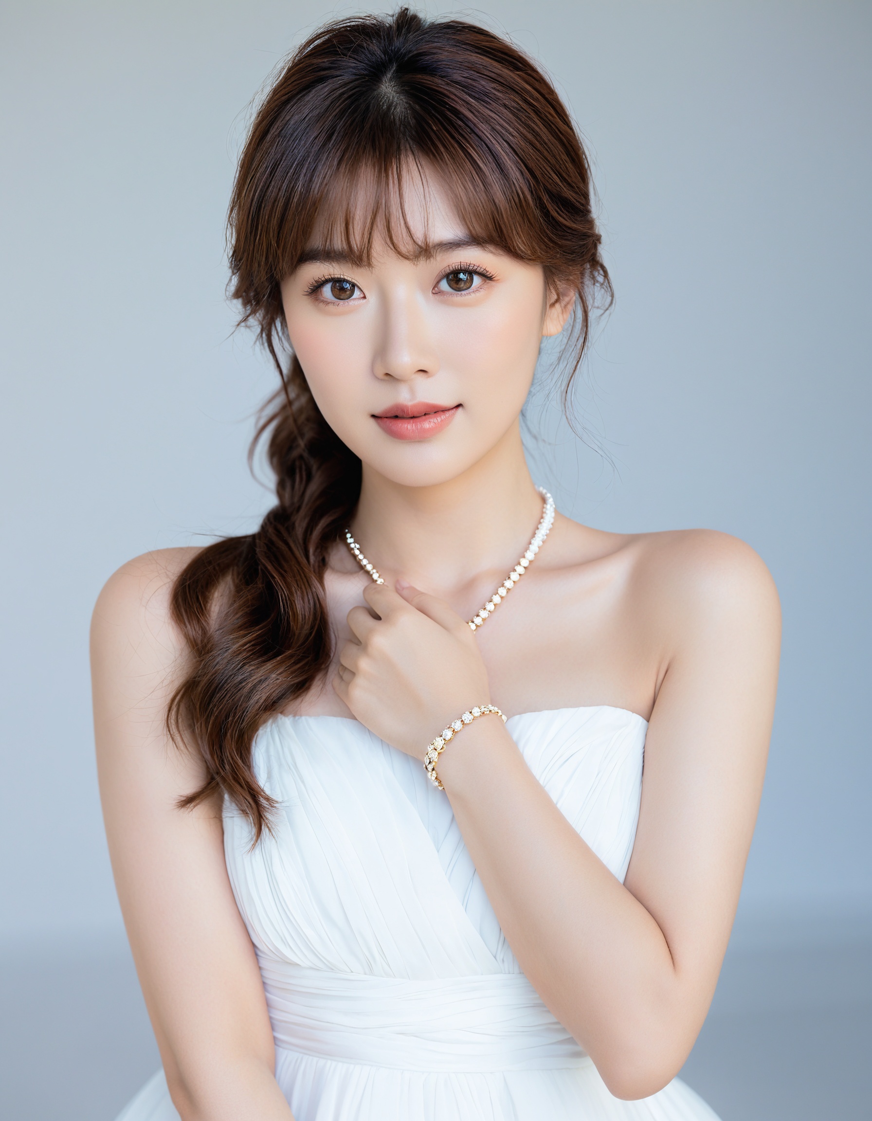 A masterpiece of a photograph. Capture a stunning,  close-up portrait of an Asian female wearing a flowing white dress,  h...