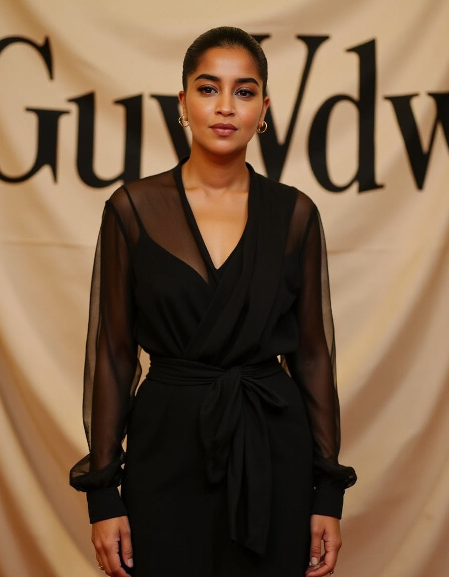 A poised woman stands confidently against a backdrop featuring bold black 'GuyVdw' lettering. She wears an elegant black d...