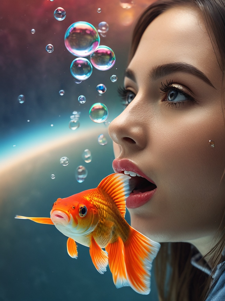 A high resolution photo of a realistic (21. A goldfish blowing bubbles with wide eyes and an astonished expression as it w...