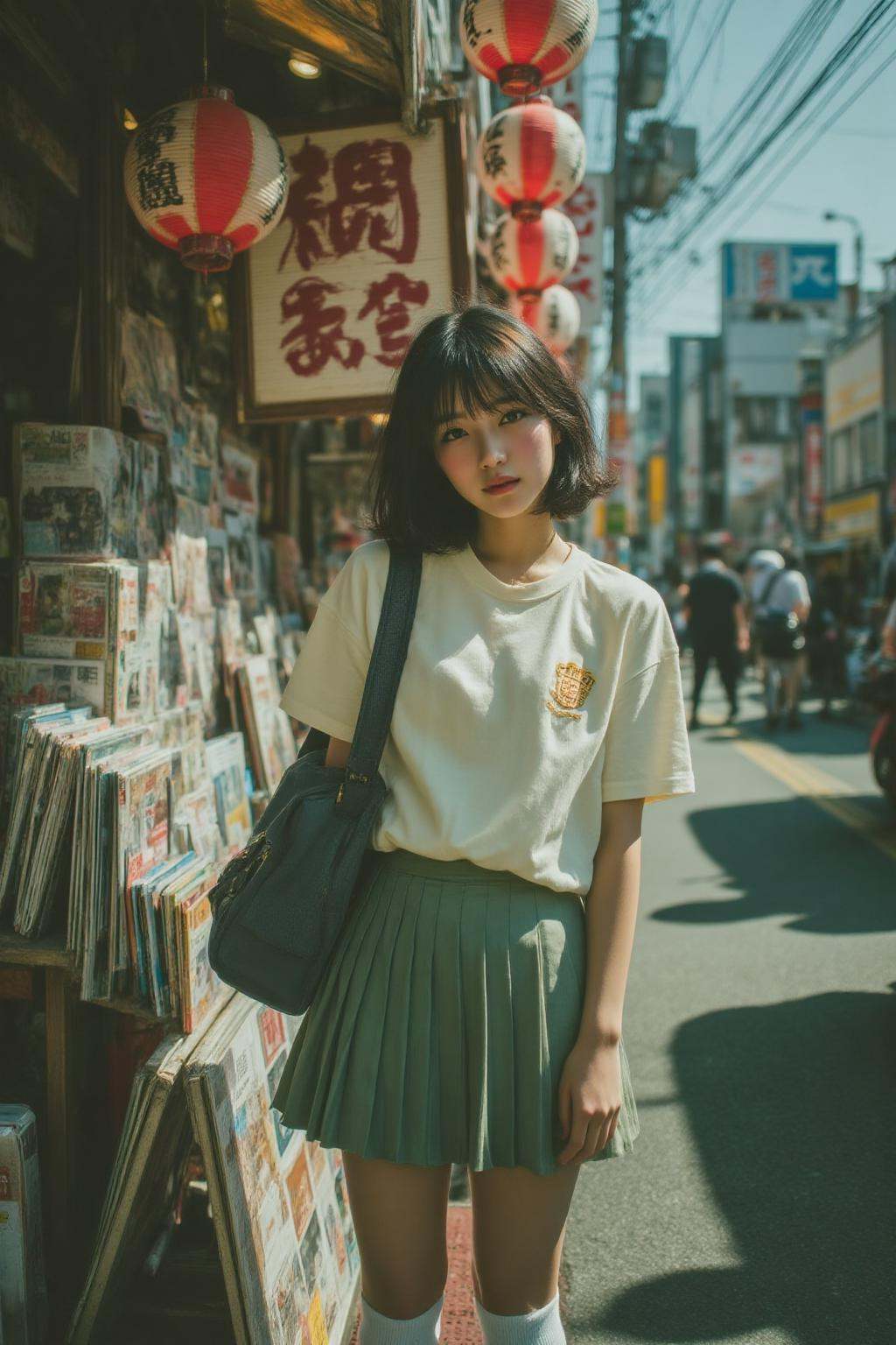 midjourney analog photograph.A 1980s Japanese schoolgirl stands on a street in a Japanese urban area,  facing the viewer d...