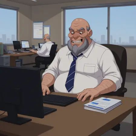 oldfatman in office wear office sute white shirt necktie table,  palnts,  computer on Tensor.Art
