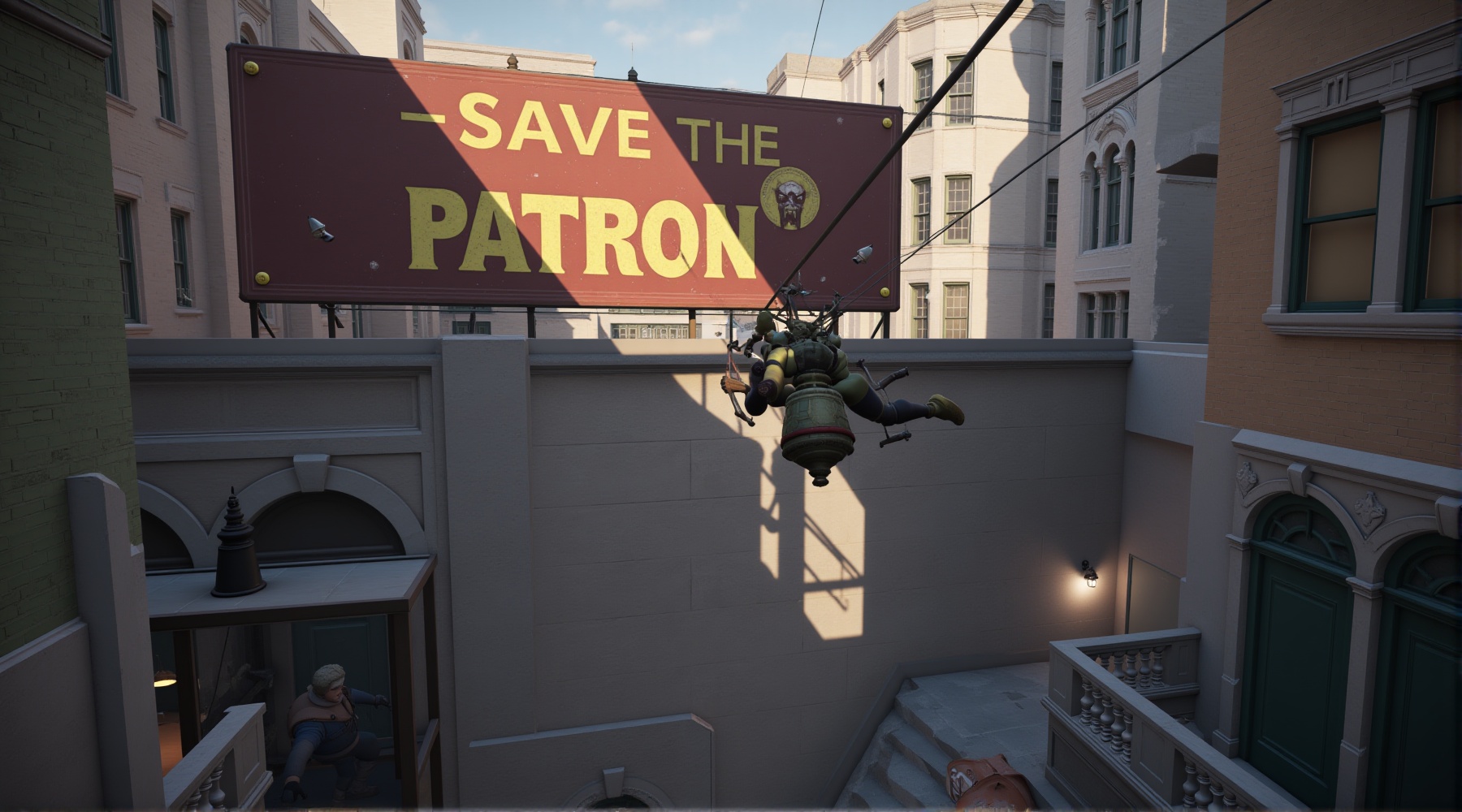 A huge sign with Text:"SAVE THE PATRON",  A stealthy denizen glides down a speeding zipline,  aiming to grab some valuable...