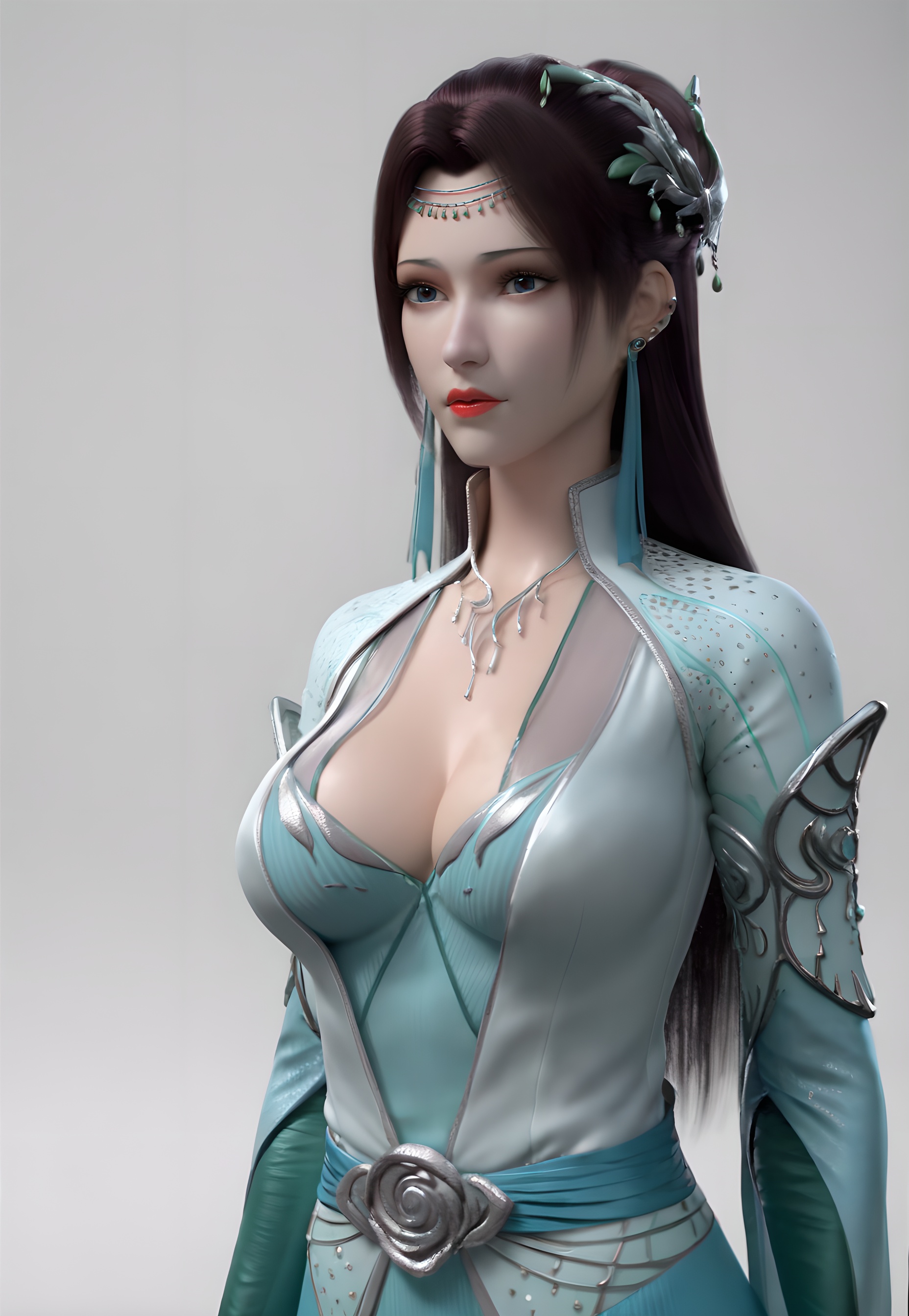 score_9,score_8_up,score_7_up,<lora:SF_YunYunGreenClothes_Pony-000004:0.7>,1girl,solo,standing,dress,breasts,large breasts,red lips,jewelry,hair ornament,earring,looking at viewer,white background,