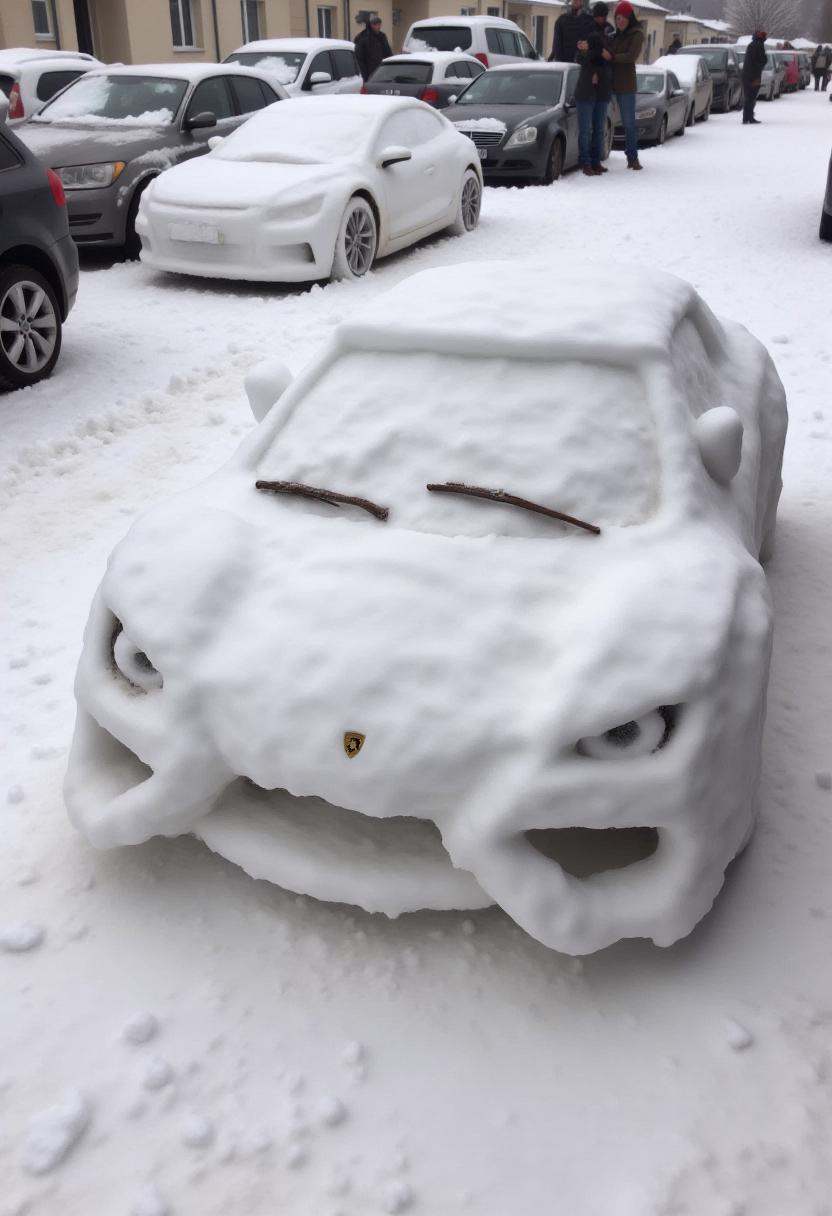 Realistic photograph of a Lamborghini snow sculpture,  crafted entirely from snow. The snow sculpture's texture is uneven,...