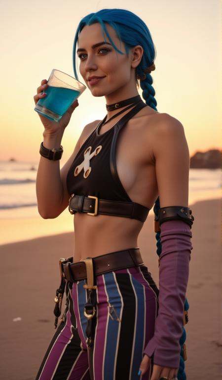 full body jinx with blue long braided hair,  black croptop and stripped pants,  is having a blue cocktail on the beach at...