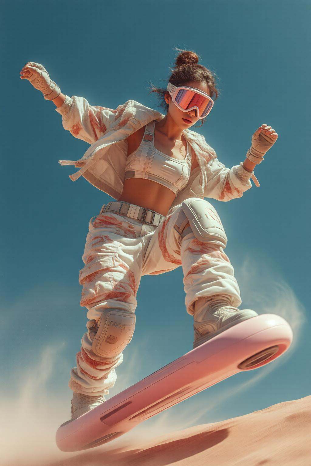 midjourneylowangle11q Low angle shot. A woman is in a dynamic pose,  skateboarding on a sandy terrain. She is wearing a ca...