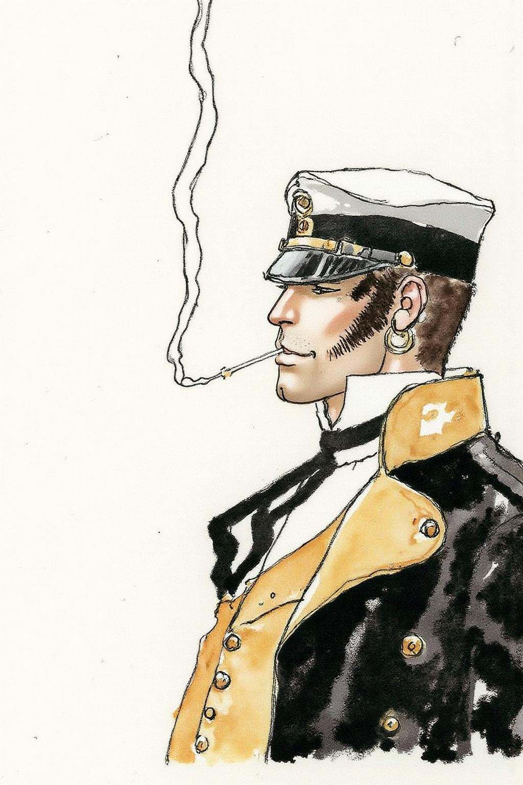 hugop1 watercolor illustration. watercolor illustration of the profile of a man in a military uniform. He is wearing a sin...