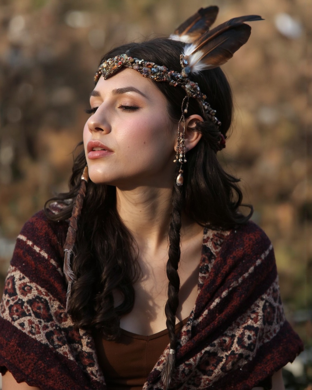A portrait of erin_sanders captured in a serene outdoor setting. She wears a headpiece with feathers and a patterned shawl...