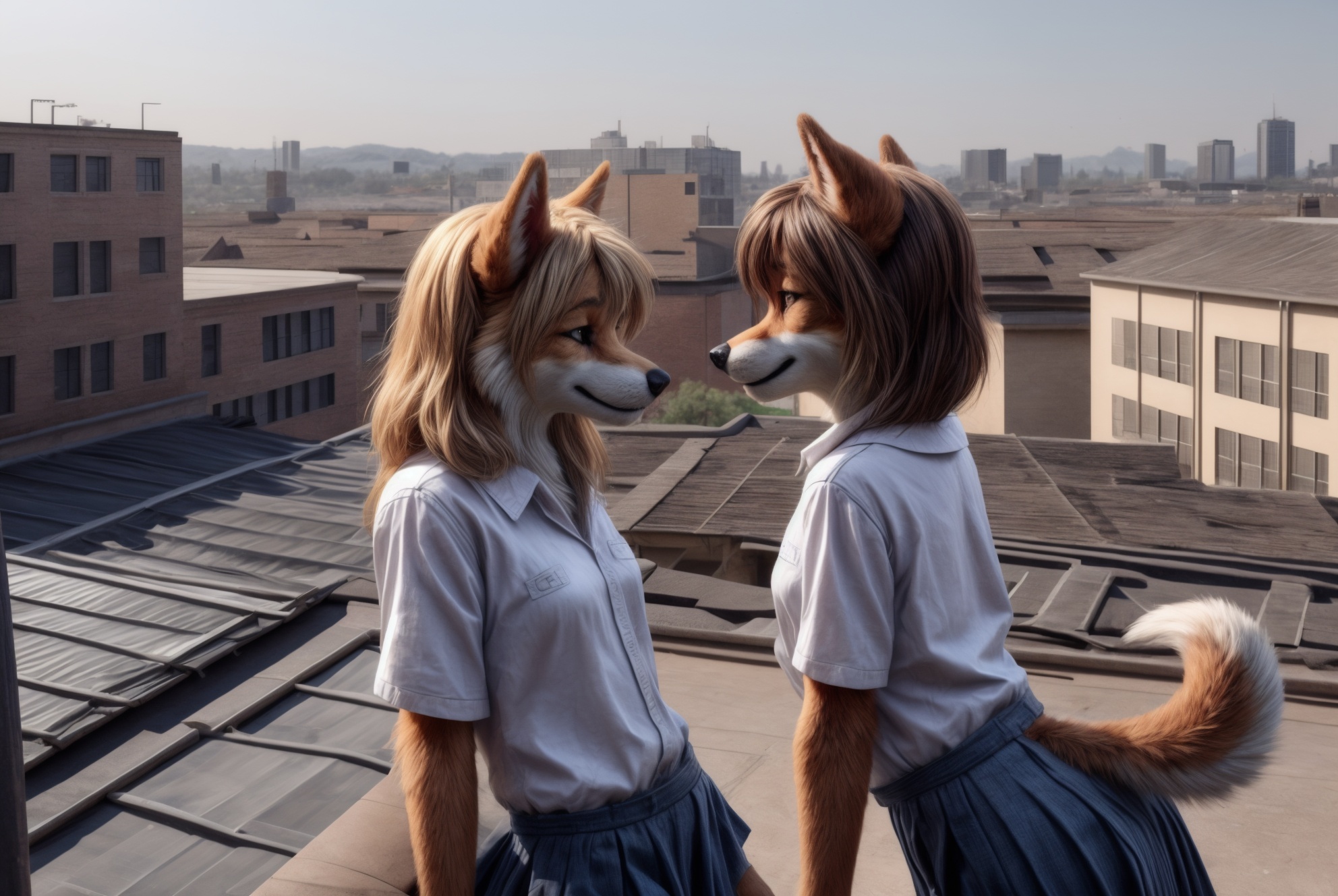 2girls,  anthro canine,  school rooftop on Tensor.Art