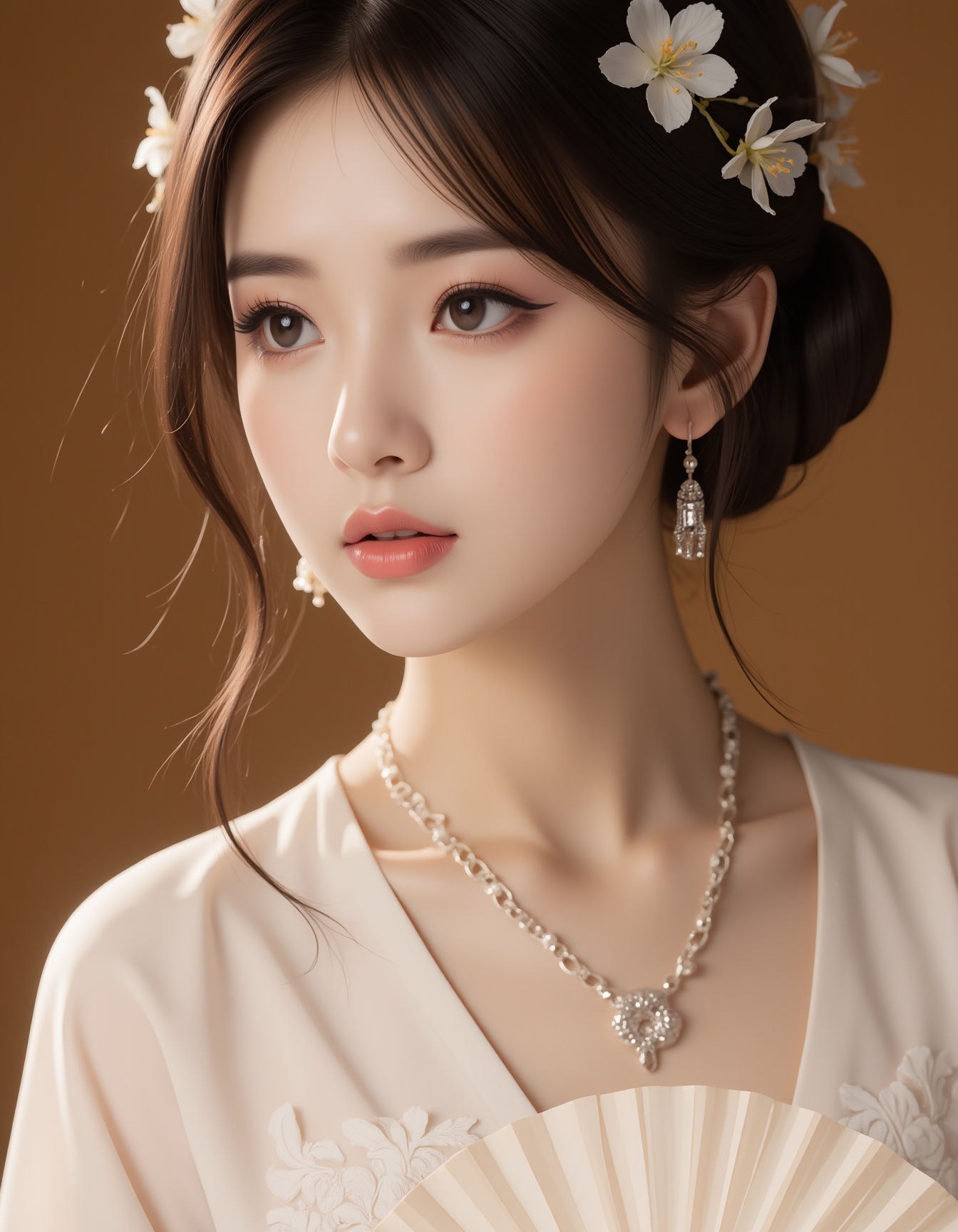 A close-up shot of a Asian woman in a white chinese clothes with a silver necklace and earrings.She is holding a white fan. The woman's hair is adorned with white flowers adding a touch of beauty to the scene. The background is blurred creating a soft focus on the woman's face.warm-toned.neon lighting,