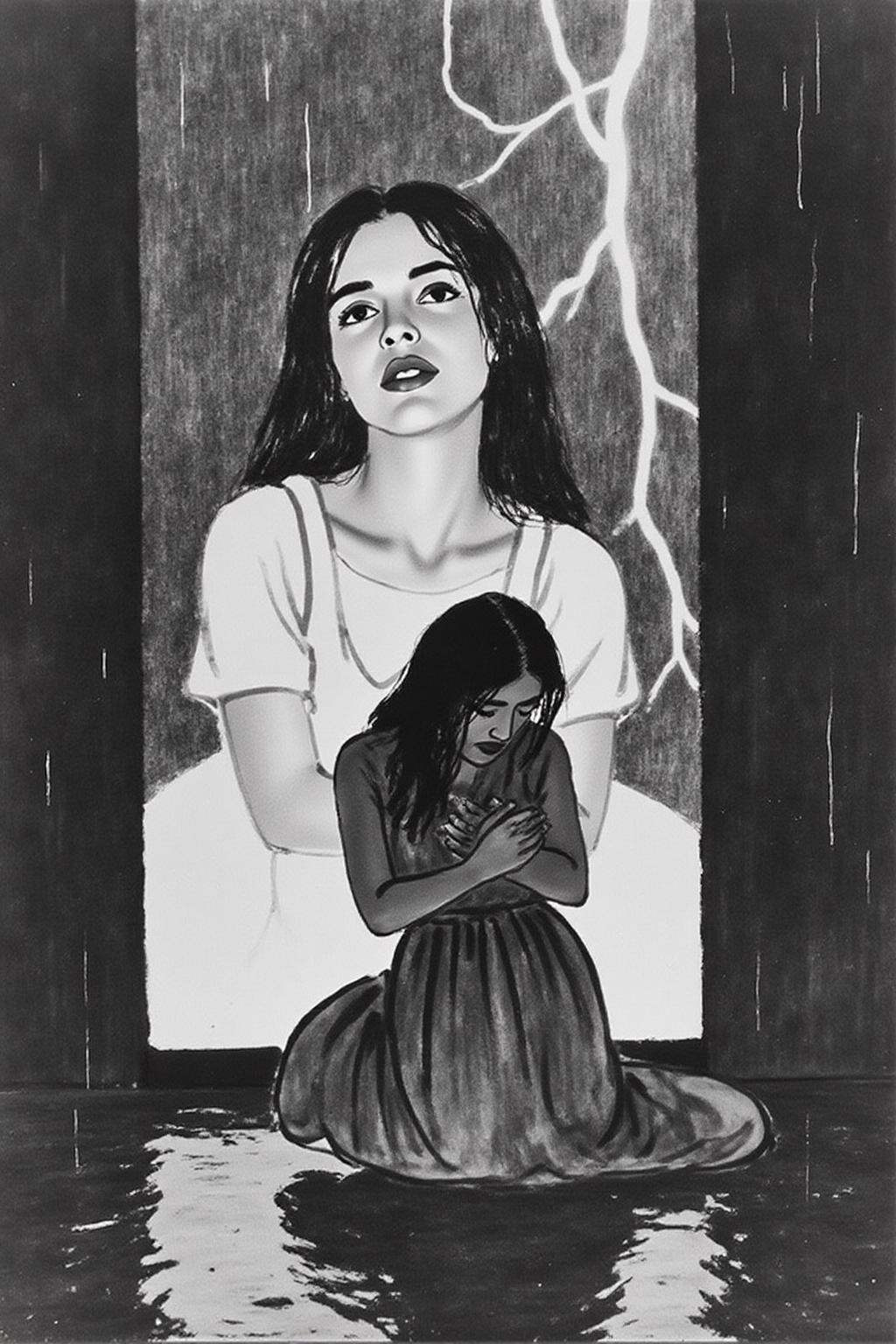 qbs1 ink wash minimalist painting.Shot from the side,  surreal,  overhead shot of a woman with long on Tensor.Art
