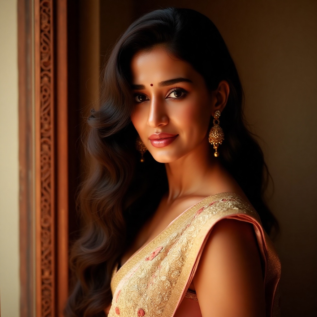 DishaPataniFlux,  A graceful Indian woman in her late 20s wearing a traditional silk saree with intricate gold zari work,...