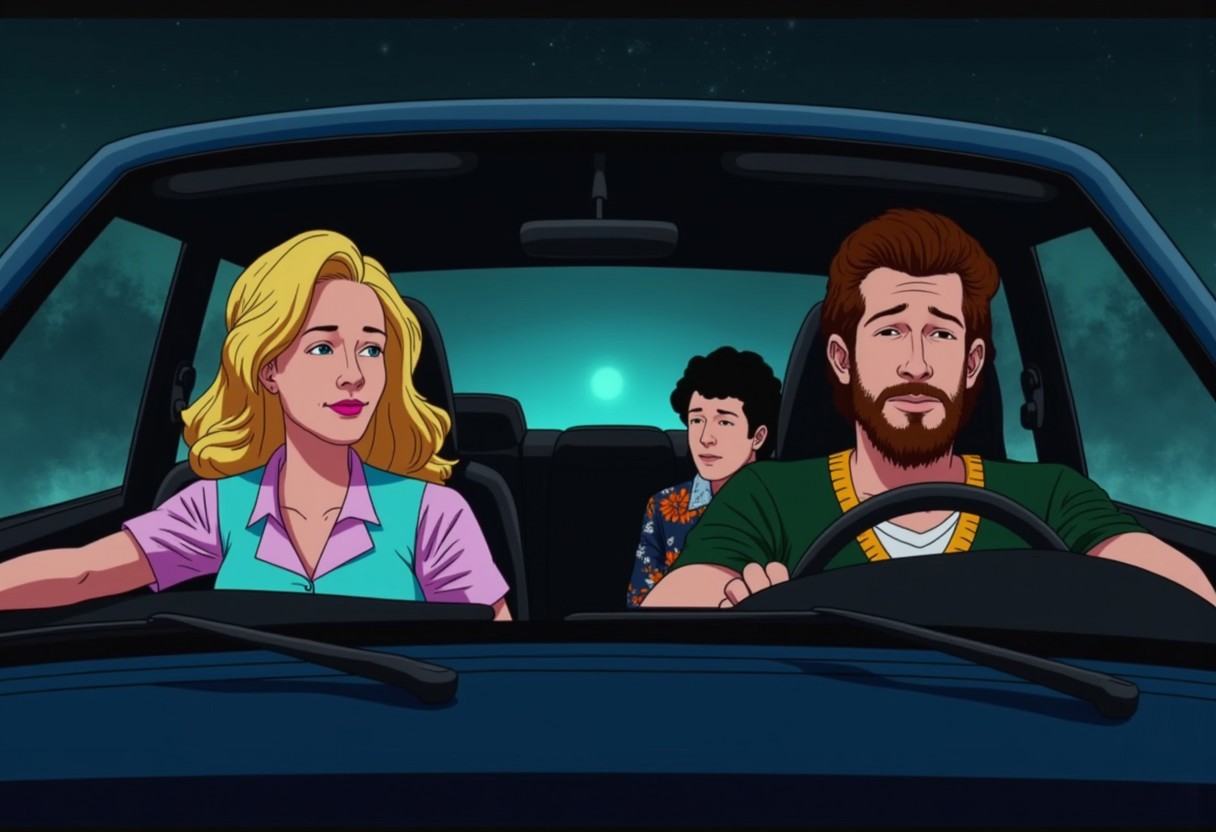 Night time. Full moon. Fantasy lighting. Misty night with fog. The driver is a blonde hair waitress with curly long 1980s...