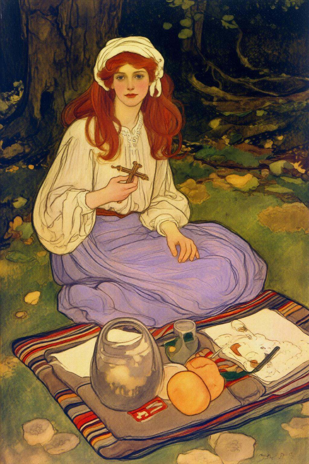 elizabethshippengreen2q illustration.A woman sitting outdoors in a forest or garden during a picnic.She has long,  curly r...