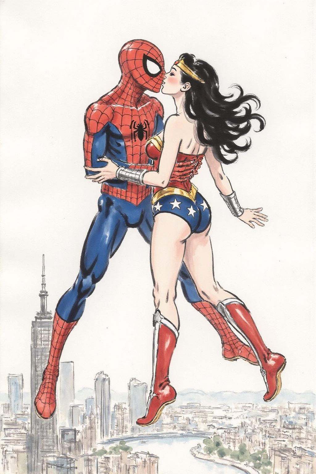 xbh1 ink wash painting. Spider-man and Wonder Woman kissing,  floating above Shanghai on Tensor.Art