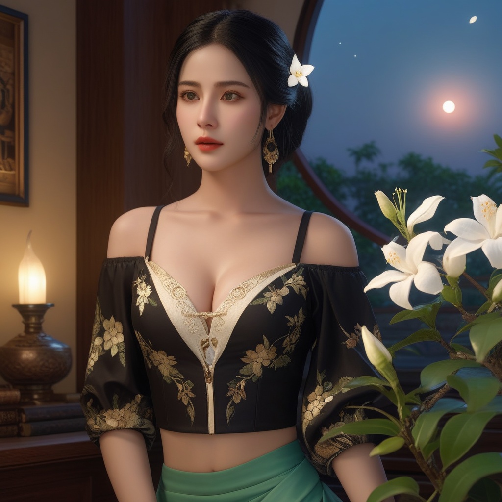 (,1girl, ,best quality, ),,  ,,ultra realistic 8k cg, ,masterpiece, (( , )),, realistic,science fiction,mole, ,     ,crescent moon, jasmine \(flower\),     (cleavage),,  (), <lora:823-DA-XL-国模-恶女-VIVI:0.8>,