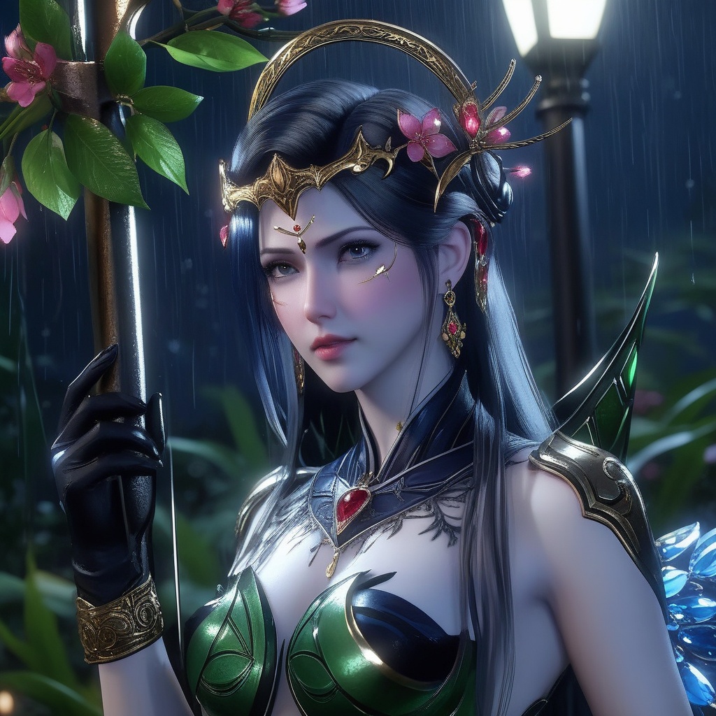 <lora:841-DA-XL-武庚纪-不闻不问:0.8>, (,1girl, ,best quality, ),, ,ultra detailed 8k cg,            cinematic lighting, cinematic bloom, (( , )),,  , unreal, science fiction,  luxury, jewelry, diamond, pearl, gem, sapphire, ruby, emerald, intricate detail, delicate pattern, charming, alluring, seductive, erotic, enchanting, hair ornament, necklace, earrings, bracelet, armlet,halo,masterpiece, (( , )),,  ,cherry blossoms,(((, night,night sky,lamppost,  ultra high res, (photorealistic:1.4), raw photo, 1girl, , rain, sweat, ,wet, )))(( , ))   (cleavage),,  (sit), ,