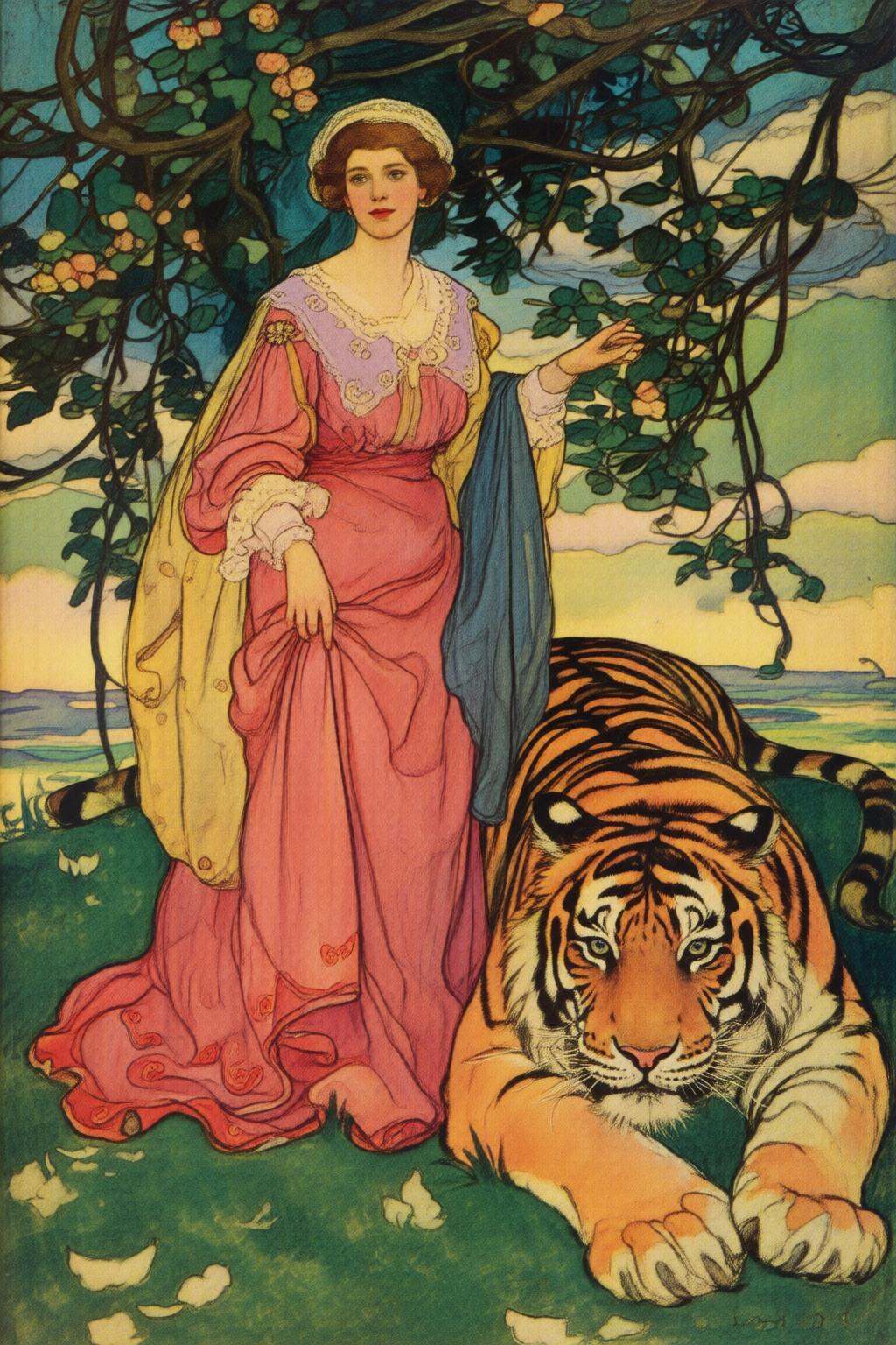 elizabethshippengreen2q illustration. Portrait of an woman standing beside a tiger. on Tensor.Art