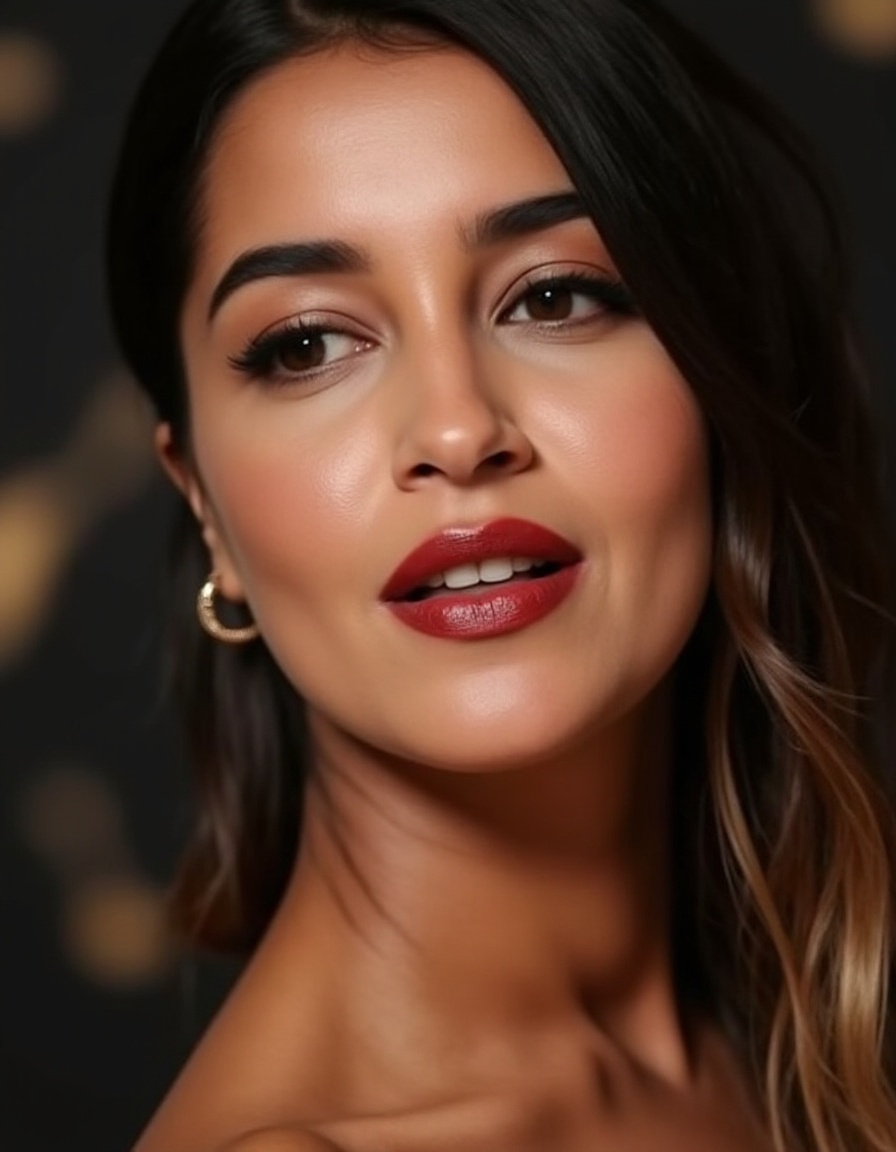A captivating close-up portrait of a woman exuding confidence and elegance. The model's flawless skin glows under soft,  d...