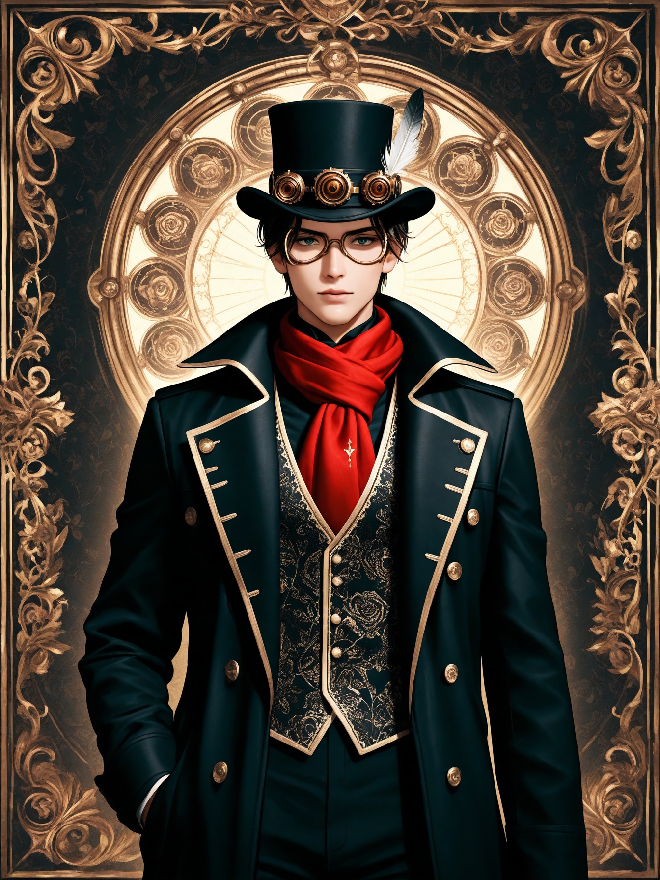 A striking photo of a mysterious man in 40s wearing a gold ornate mask. The character character dons a black top hat and h...