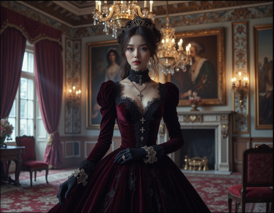 <lora:lora.gete:1>,Please draw the interior of an old Victorian mansion's ballroom at night. An Asian female noblewoman dressed in Victorian Gothic attire,featuring a deep burgundy velvet gown with delicate black lace accents. She has fair skin,and her long hair is styled in an intricate updo. She wears a silver cross necklace and an exquisite golden mask,holding a long glove. The background consists of a lavishly decorated ballroom with towering ceilings and grand chandeliers,with ancient oil paintings hanging on the walls. The ballroom is filled with an atmosphere of mystery and elegance. The scene is illuminated by the soft light from the chandeliers,casting long shadows and enhancing the depth and contrast of the image. The composition focuses on her elegant and slender silhouette,with the opulent decorations and shadows adding depth and contrast,creating a sumptuous and mysterious ambiance.,