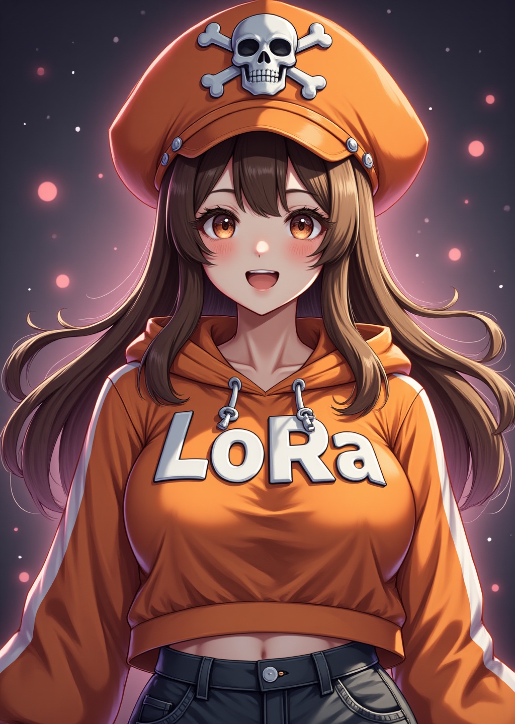**1gas,  girl with beautiful sign "LoRA" on breasts,  orange hoodie on Tensor.Art
