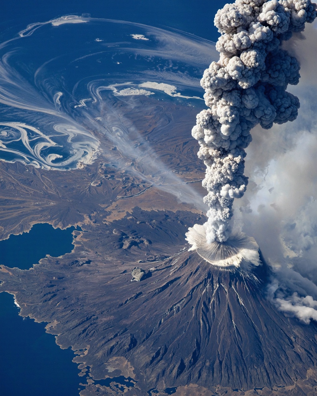 This is a high-resolution photograph taken from space,  capturing the stunning,  surreal volcanic eruption of Mount Pinatu...
