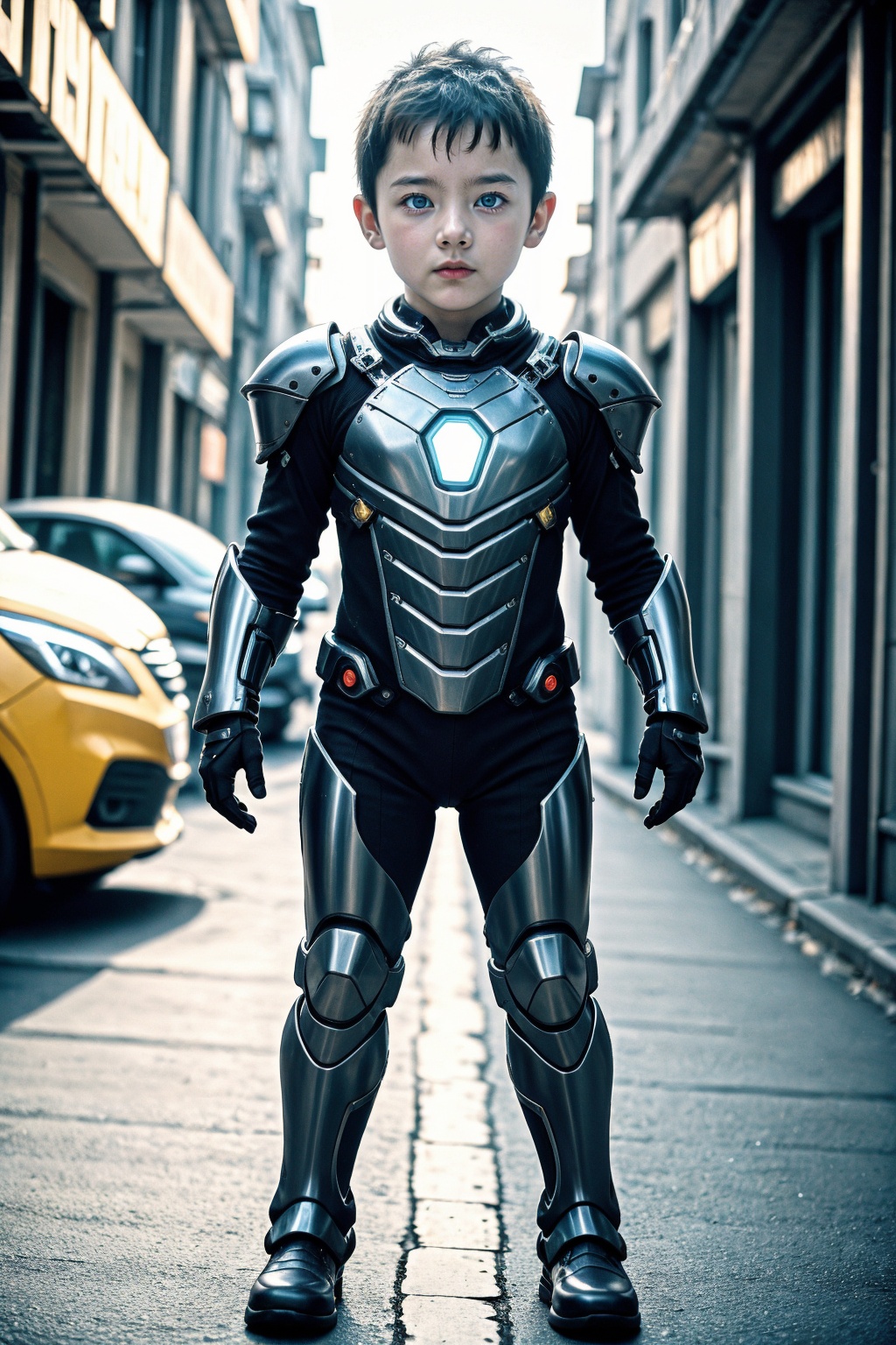 armor, 1boy, little boy, male focus, realistic, solo, blue eyes, blurry background, blurry, looking at viewer, power armor, science fiction, standing, full body, outdoors, photorealistic, short hair, child, earrings, black hair, motor vehicle, cyberpunk, car, depth of field, building, brown hair, shoulder armor, fingerless gloves, glowing, bodysuit, city, street, boots, lips, closed mouth, gloves, jewelry, aged down